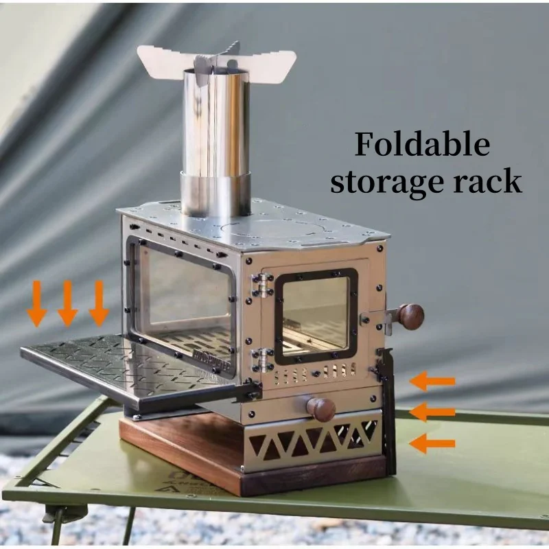 Titanium Camping Brazier Tea Cooking Fire Wood Heater Burner/Firewood Stove 4-Side Window Desktop Stove Stainless Steel