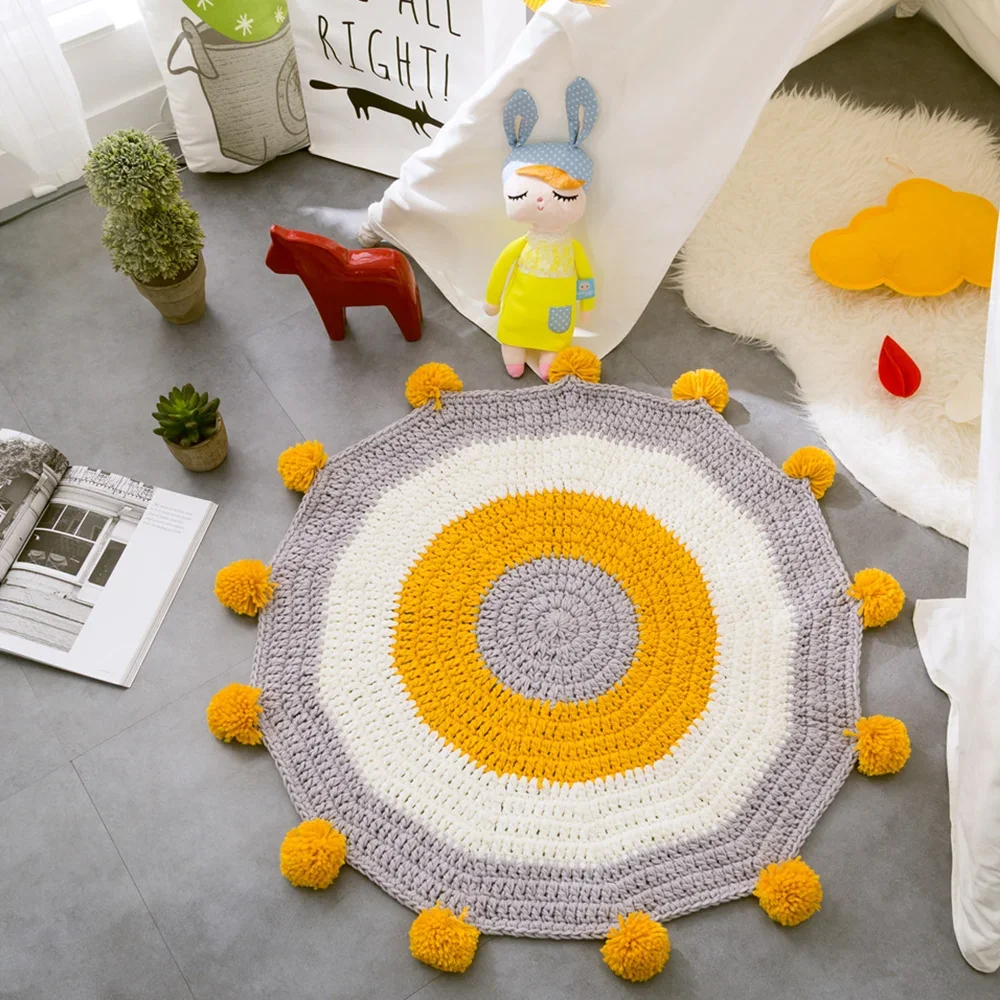 

TW Luxury Round Cute Baby Knit Throw Pom Pom Handmade Acrylic Carpet Crochet Kids Rug Carpet Mat Home Decoration