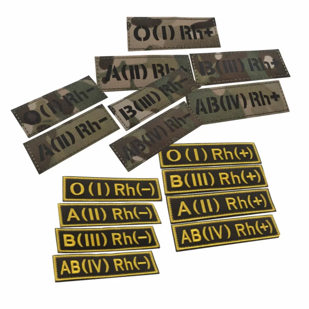 A B AB O Blood Type Group Positive POS Negative NEG Rh+ Rh- Infrared Reflective Patches Military Chevron Strip Embroidery Badges