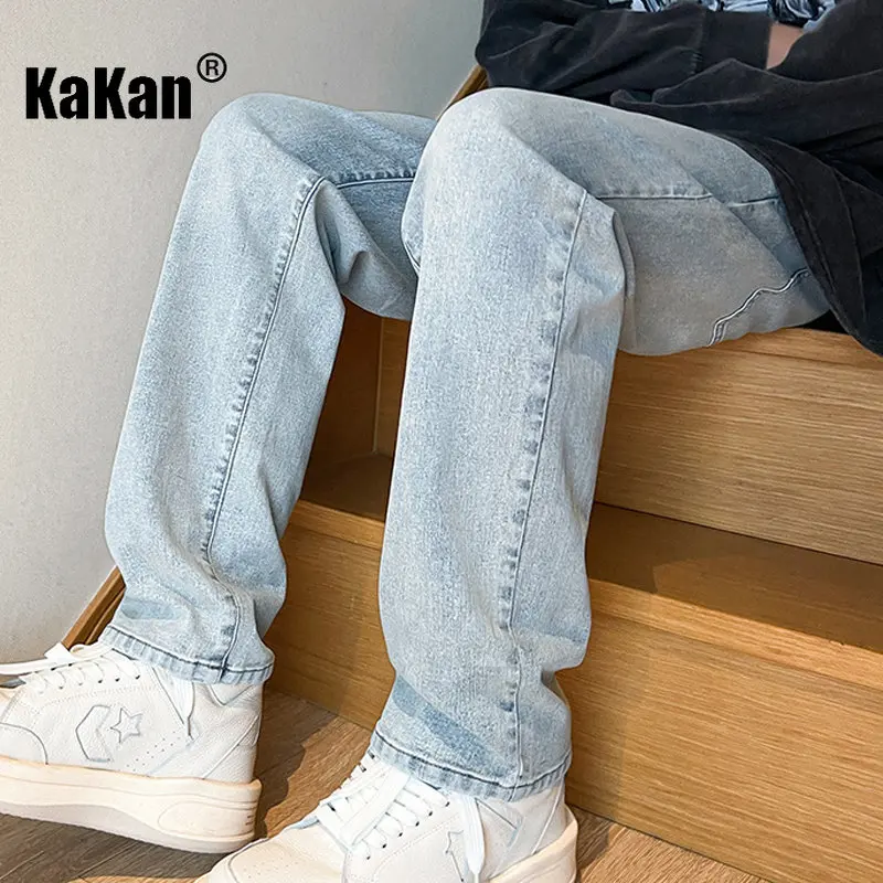 

Kakan - New Yellow Mud Dyed Men's Jeans for Spring and Summer, High Street Vintage Wash Straight Leg Jeans K024-KJ615