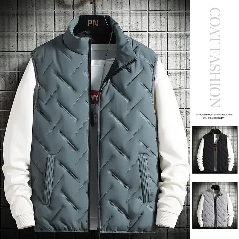 

Winter Warm Men's Jacket Sleeveless Zipper Vest Solid Color Casual Vests Cotton-Padded Thickened Stand Collar Wear Outside