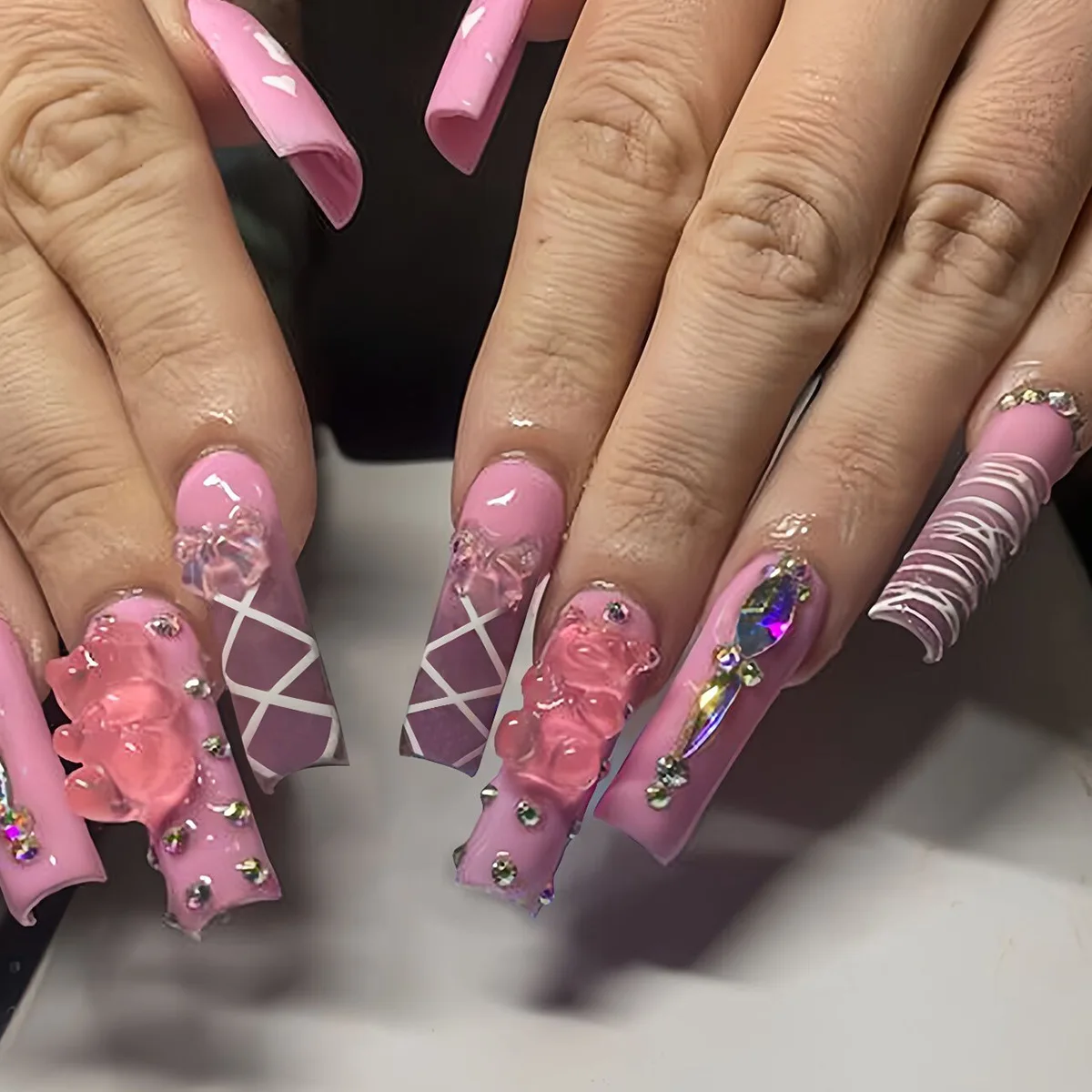 

Long Ballerina False Nails Press on Nails Serpentine Flower with Rhinestones Bear French Fake Nails Wearable White Nail Tips