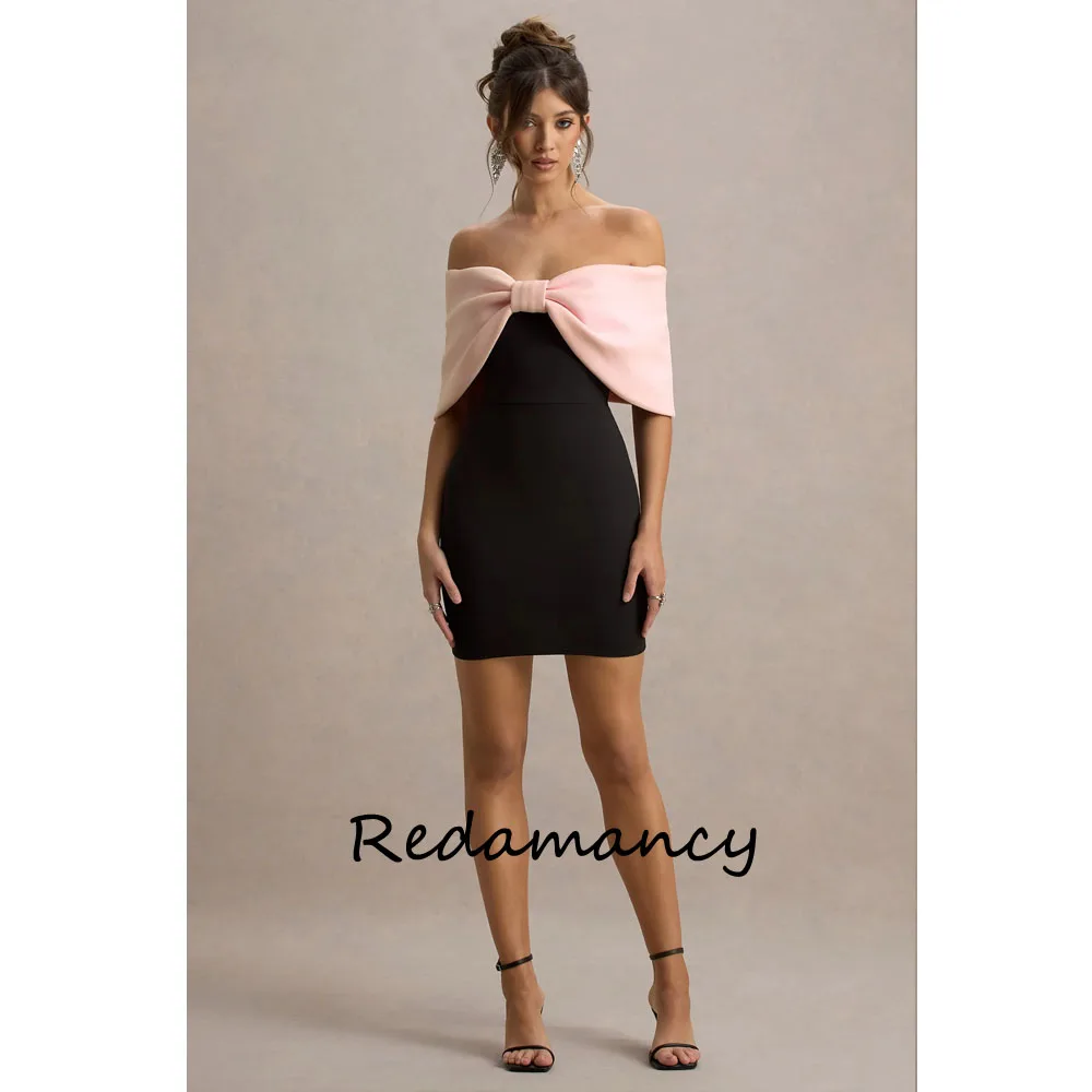 

Redamancy Customized Black and Pink Crepe Evening Dress Bow Off the Shoulder Mermaid Party Dress Elegant Half Sleeves Prom Dress