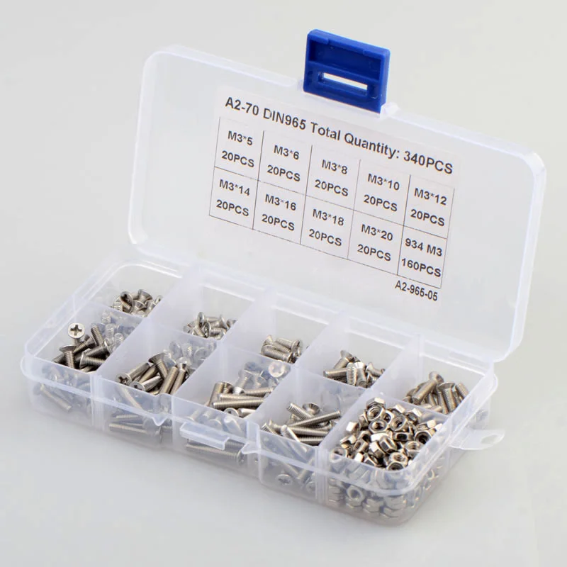 M3 Cross Recessed Countersunk Flat Head Screws Set 304 Stainless Steel Hex Socket Nut Assortment Kit Countersunk Screws 340pcs