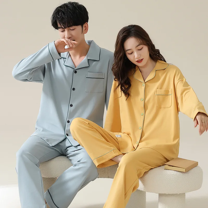 Ensembles de pyjamas en coton pour couple, cardigan pour jeunes étudiants, vêtements de nuit monochromes pour hommes et femmes, vêtements de maison pour documents, style ins, printemps et automne