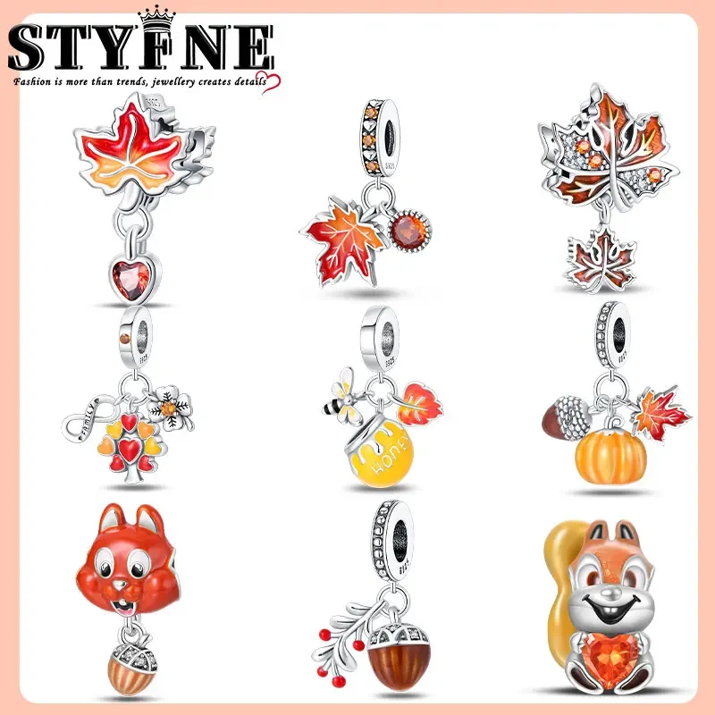 925 Sterling Silver Cartoon Blessing Series -Squirre Beads Lucky Color Autumn Fashion Jewelry Accessories