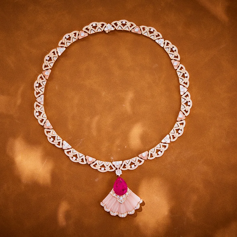 Designer Collection Style Women Lady Dinner Party Jewelry Sets Settings Cubic Zircon Pink Fan-Shaped Pendant Necklace Earrings