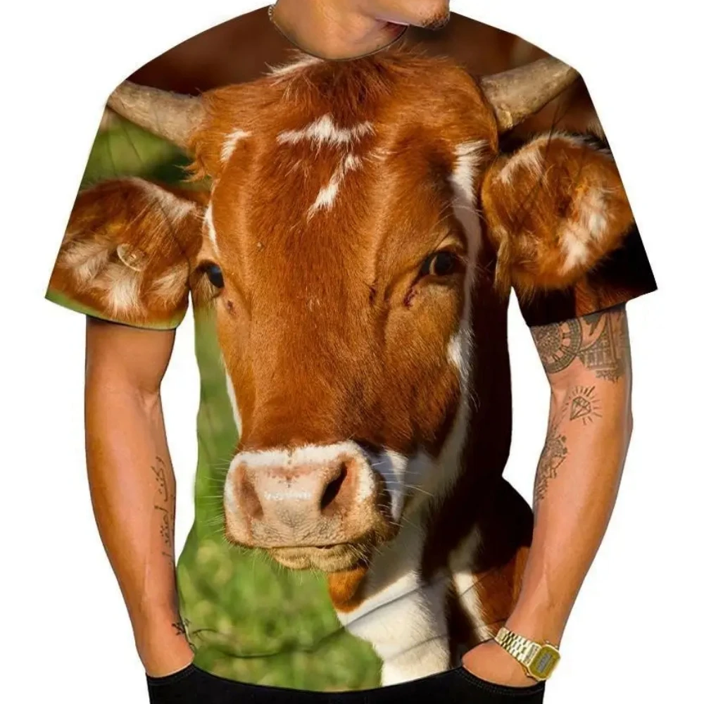 Funny Cow Graphic Men's T-Shirt 3D Animal Print Summer Short Sleeves Loose Lightweight Tops Outdoor Casual O-Neck Men's Clothing