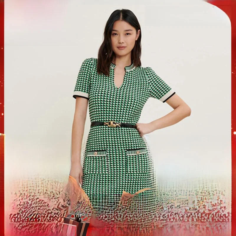 

MaSandeM Spring Vintage V-ne Slim-fit Plaid Knitted Dr High Waist A-line Skirt ort Sve Button Detail OL Sle