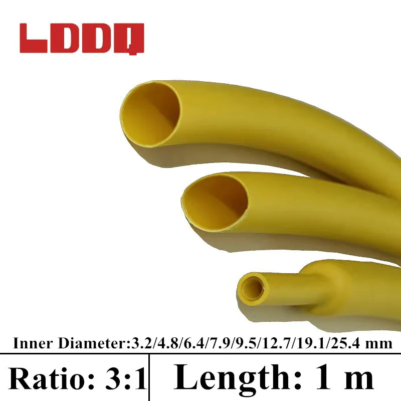 LDDQ 1m Heat Shrink Tube 3:1 Yellow Adhesive Glue Lined Tubing Ratio 3:1 Inner Diameter 3.2/4.8/6.4/7.9/9.5/12.7/19.1/25.4 mm