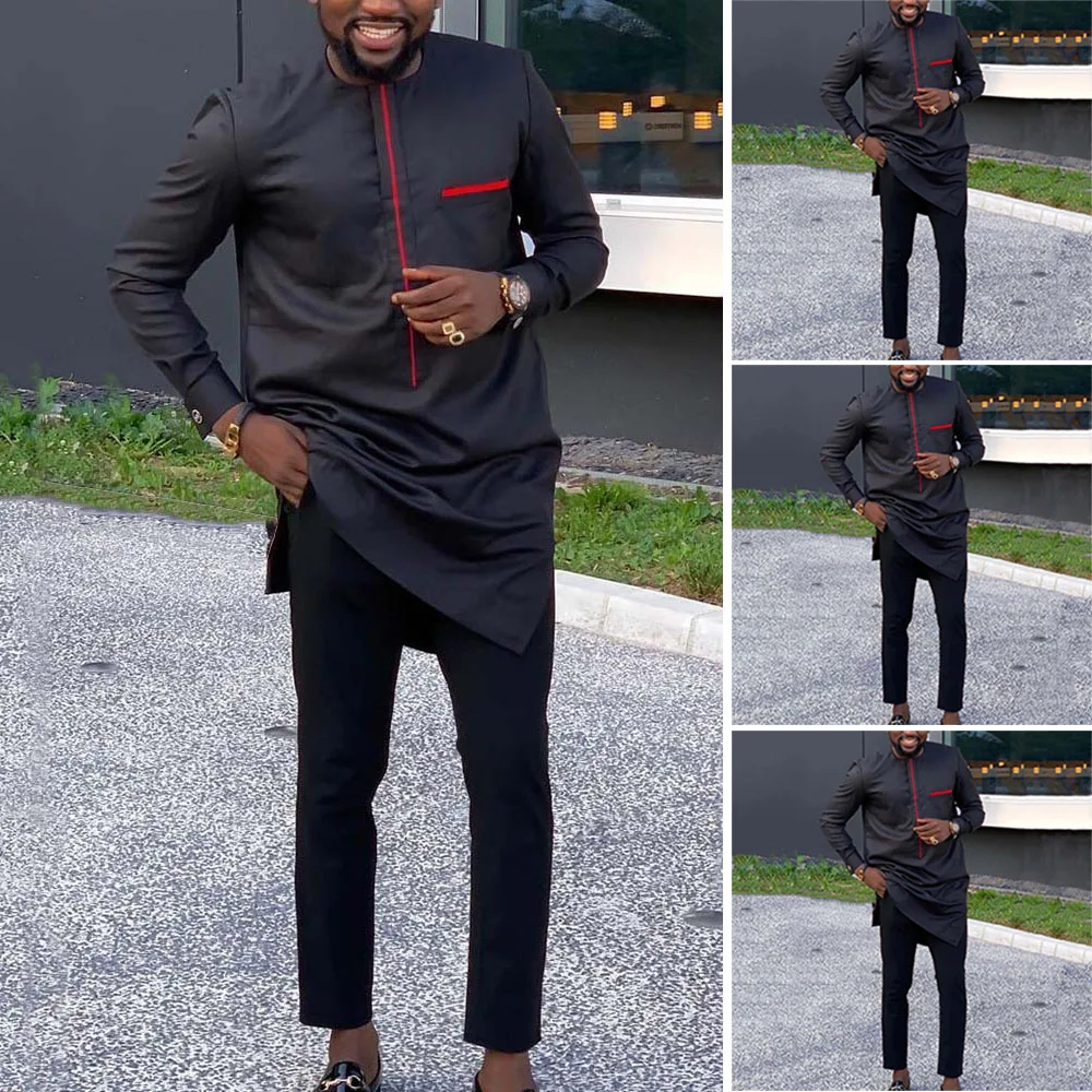 Dashiki Men Suit Black Long Sleeve Shirt Pant Set Men Two Piece Outfit Traditional Ethnic Elegant Suits African Men Clothing