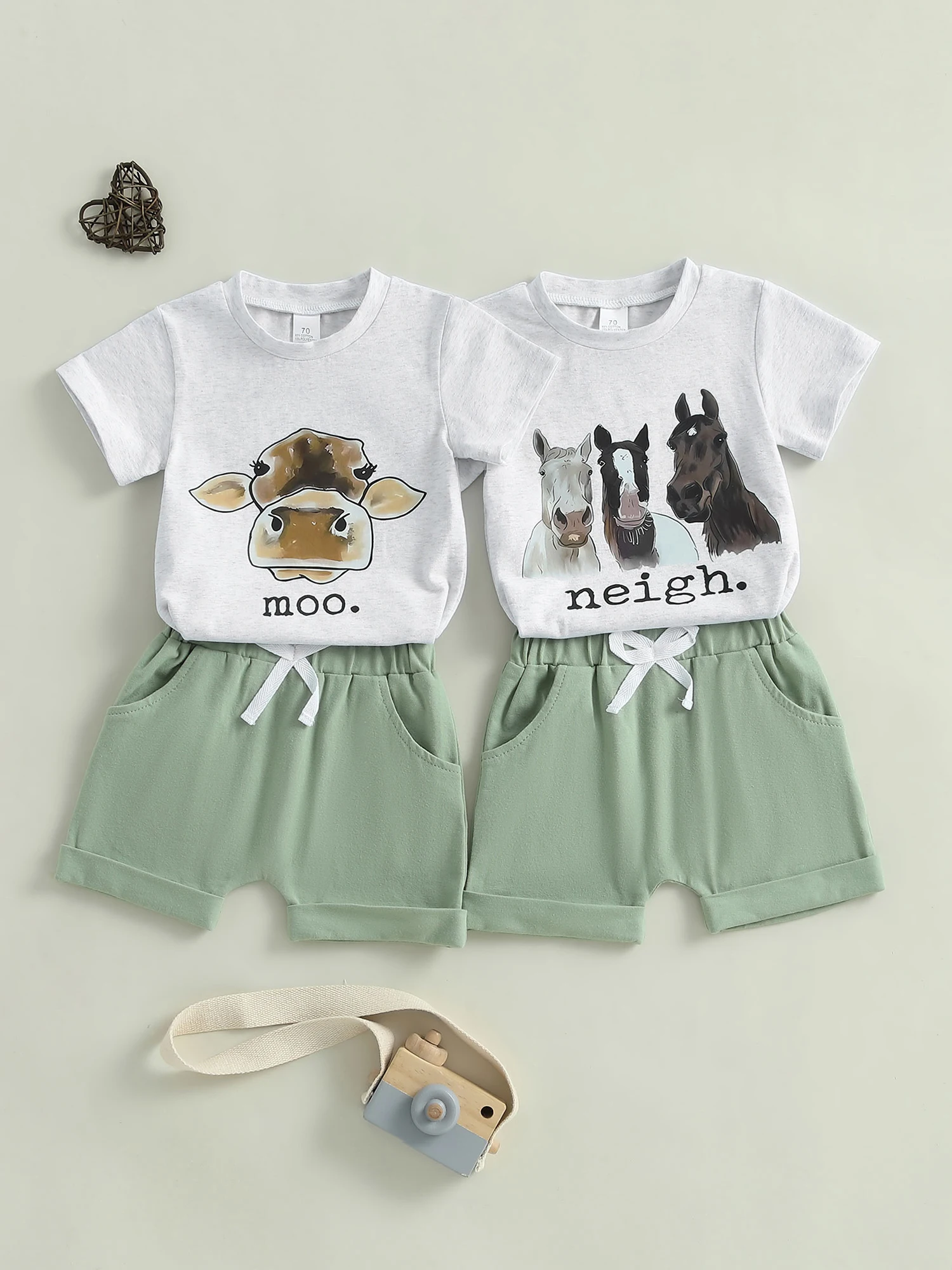 Baby Boys Summer Outfits Cow/Horse Head Print Short Sleeves T-Shirt and Rolled Hem Shorts Set for 2 Piece Clothes Set