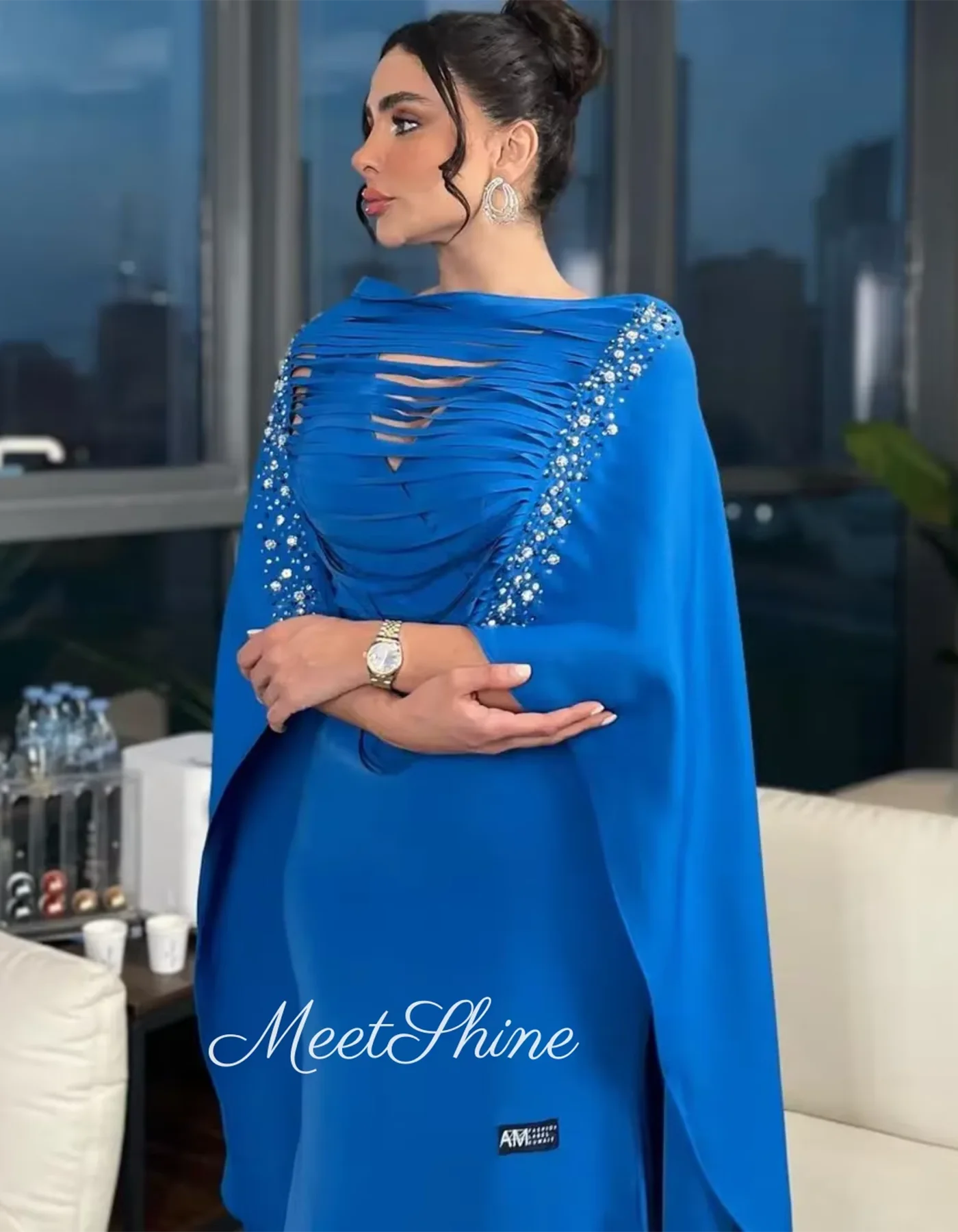 블루 새틴 댄스 파티 드레스 화이트 비즈 크리스탈 정장 웨딩 드레스 이브닝 드레스 사우디 아라비아 맞춤형 Vestidos De Gala 2025