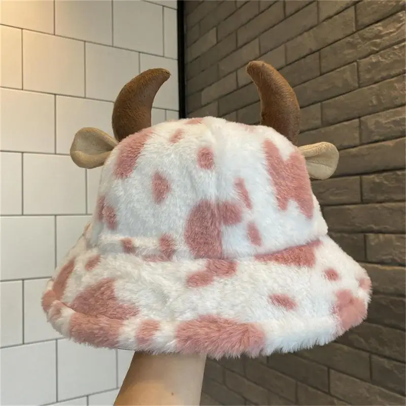 Cow Bucket Hat Soft Plush Cow Print Bucket Hat with Cute Horn Winter Fluffy Plush Fisherman Cap Warm Outdoor for Men Women