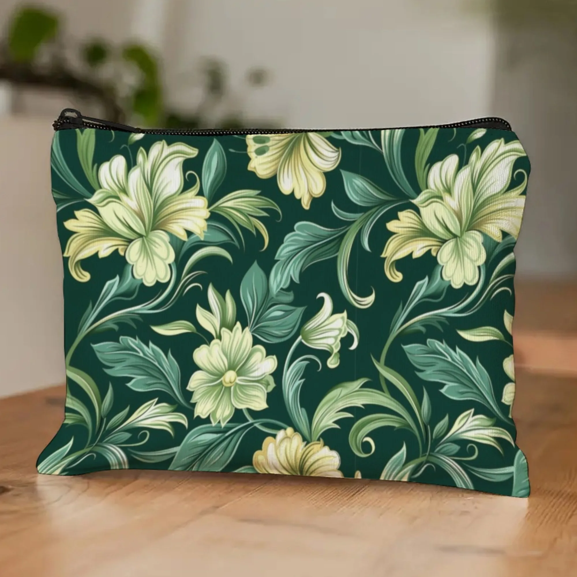 

Винтажная элегантная косметичка с цветочным принтом, художественный зеленый цвет с тиснеными розами и золотыми краями из фольги, изящный органайзер для макияжа