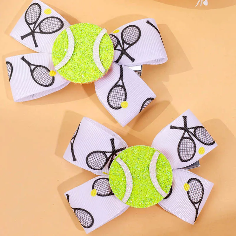 2Pcs Glitter Tennis Hairpins Ribbon racket Print Hair Bows Clips For Girls Handmade Barrettes Headwear Hair Accessories