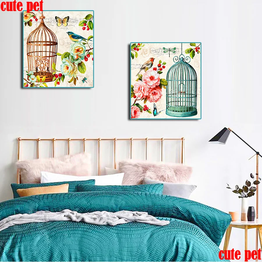 5d diy Diamond Painting Bird cage and flowers diamond Embroidery full square drill Mosaic Diamond cross stitch home decor 2PCS