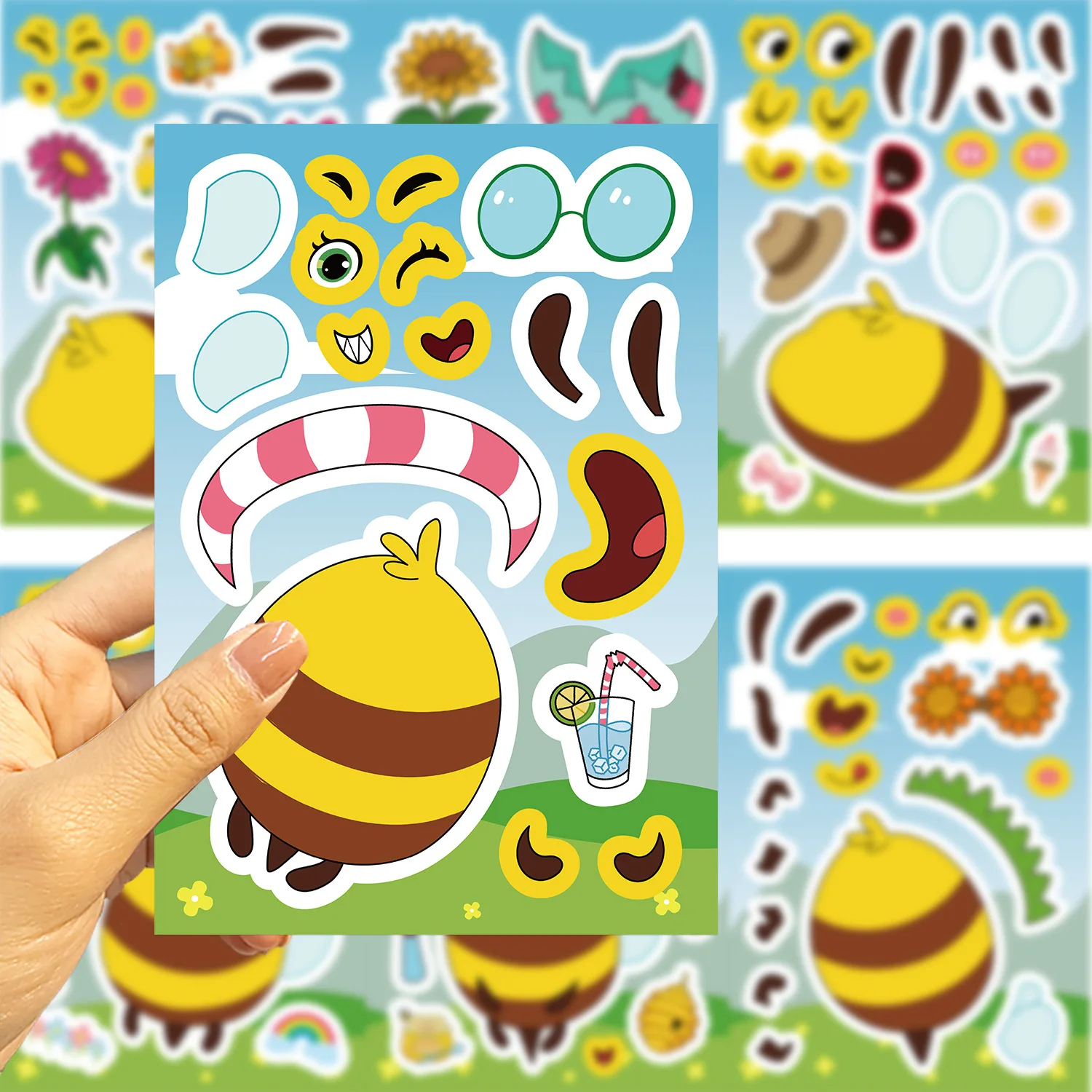 8/16 hojas hacer una cara pegatinas artesanales de abeja para niños DIY juegos de rompecabezas de animales pegatina de recompensa rompecabezas tablón de anuncios calcomanía de aula