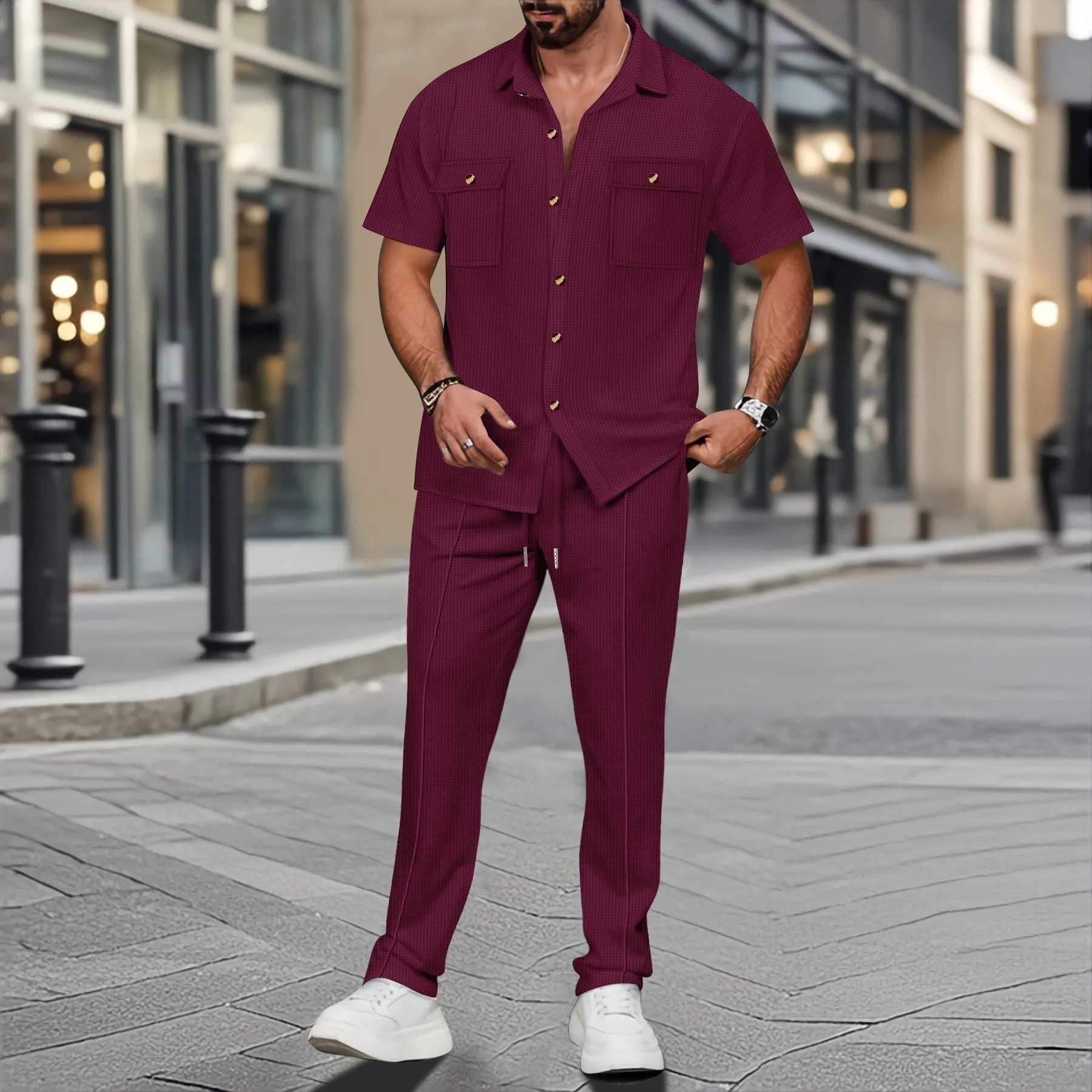 Summer new men's suit - pure color shirt with two pockets and long pants for daily wear set - view 4