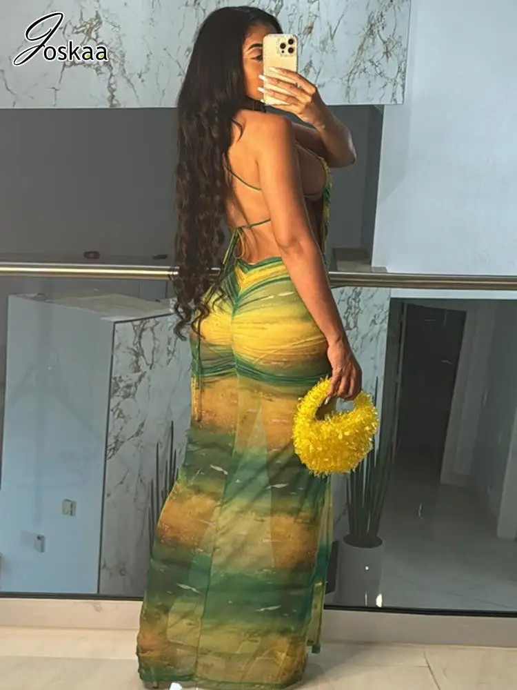 فستان Joskaa مطبوع شبكي شفاف للعطلات الطويلة للنساء مثير بحزام سباغيتي بفتحة عالية بدون ظهر فساتين ضيقة للحفلات والنوادي #2