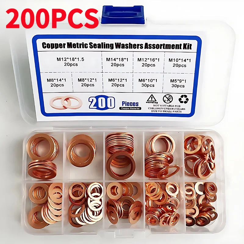 

200Pcs/Box Solid Copper Washer Gasket Flat Ring Seal Sump Plug Oil Seal Fittings Washers Fastener Hardware Accessories