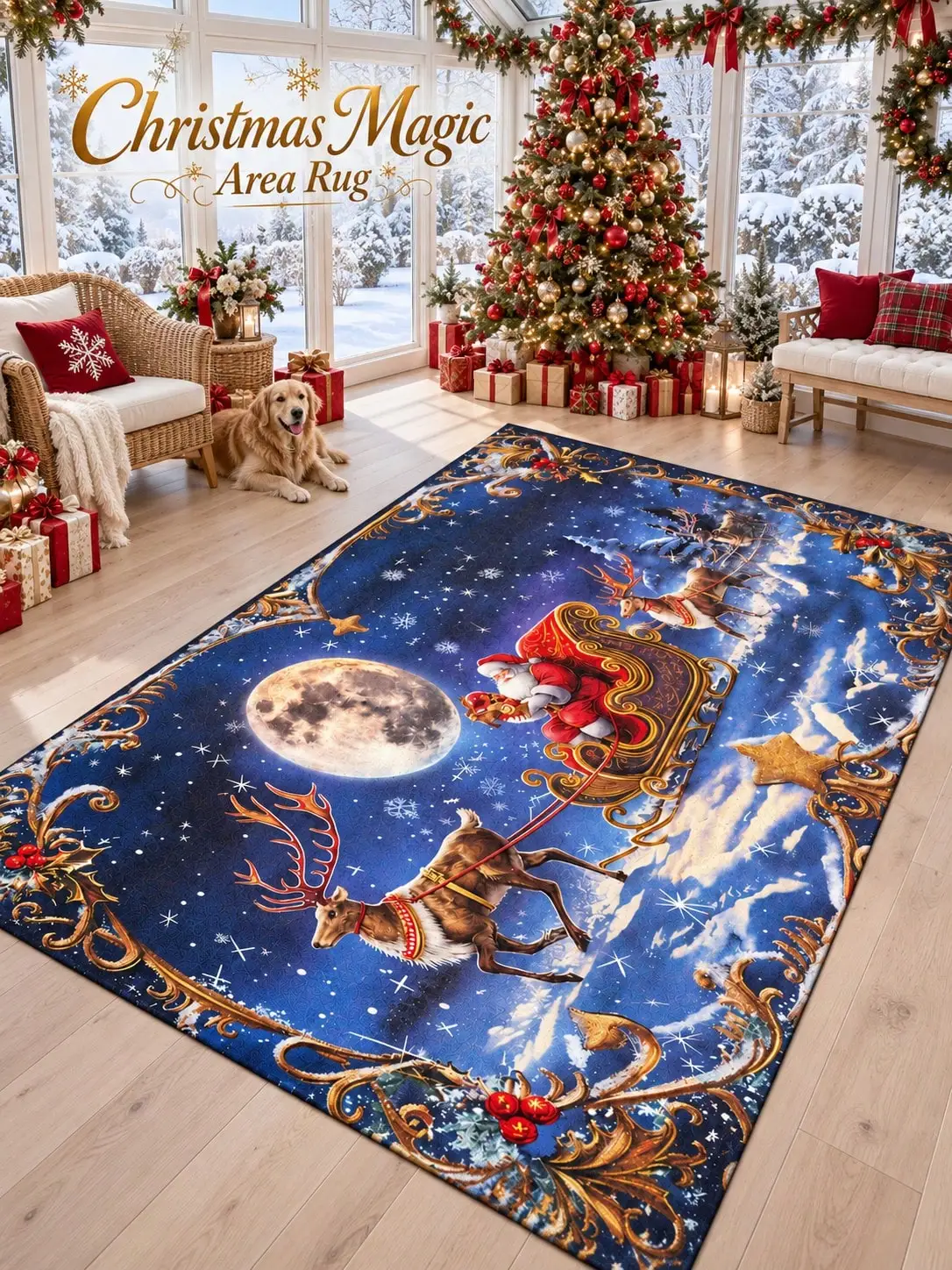 Christmas Rug Santa Sleigh Reindeer Moon Living Room Bedroom Lounge Hallway Floor Carpet Gift for Mom Dad Sisters Friends Winter Thanksgiving Birthday Anniversary Housewarming Apartment Cottage Home Styling Sofa Side Reading Nook Holiday Gathering