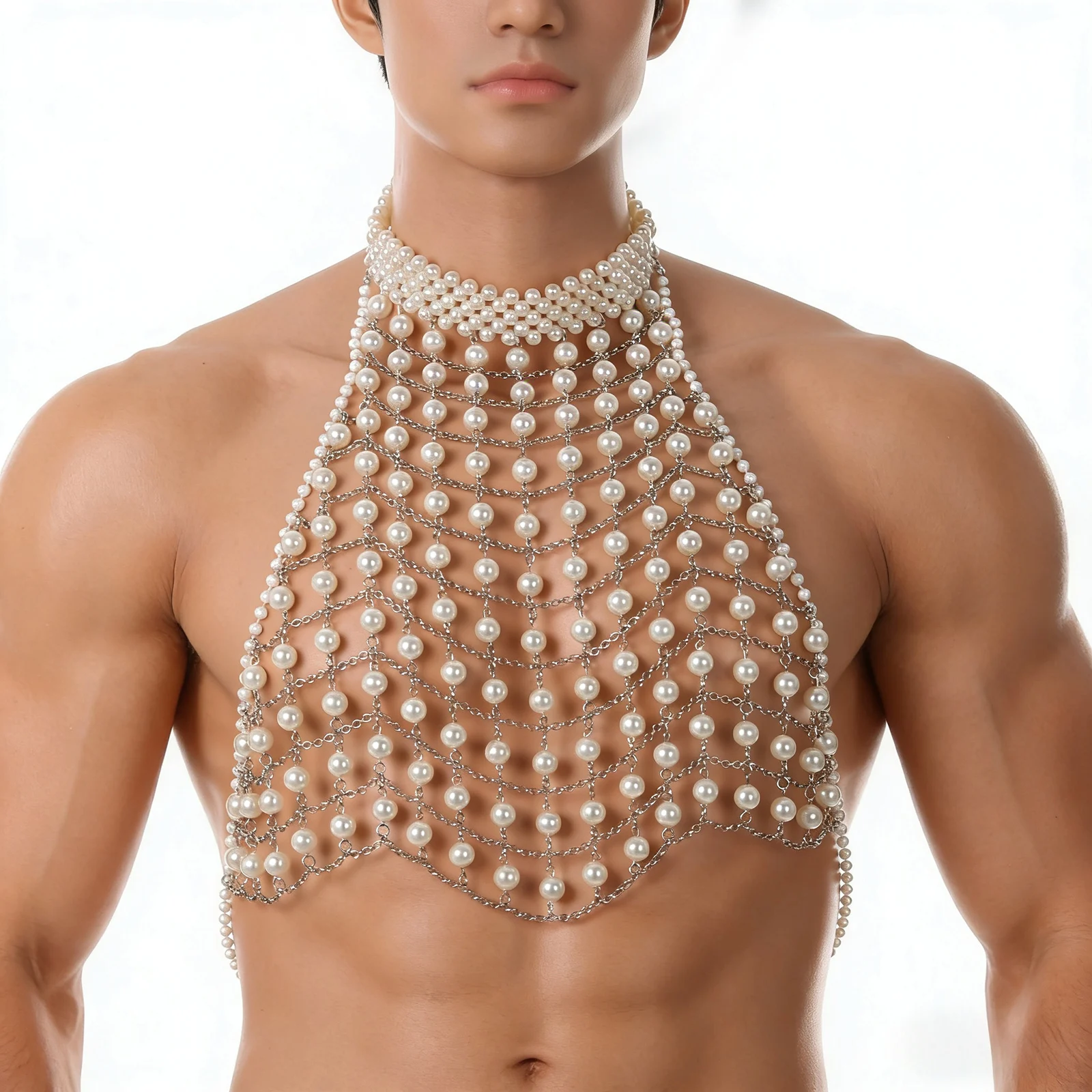 

Men Crop Top Body Chain Imitation Pearl Chain Sleeveless Holiday Bohemia Chain Vest Tank Tops Clubwear Party Performance Wear