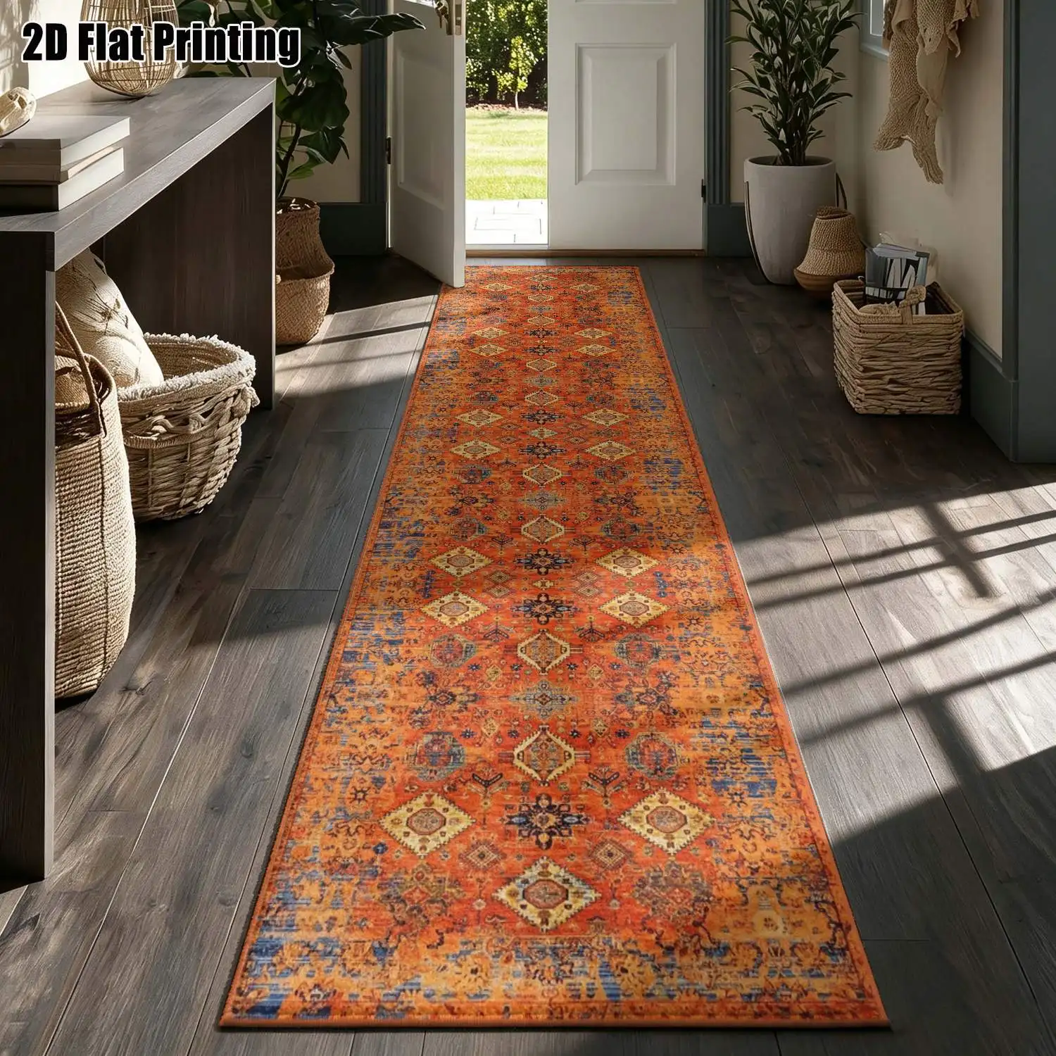 1Pc 2D Printed Strip Runner Rug: Orange Geometric Diamond Pattern, European/Bohemian/Vintage Styles, Machine Washable, Multi-Size, Ideal for Entryway, Hallway, Bedroom, Living Room Home Decor