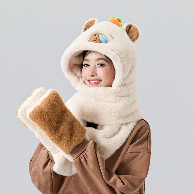 

Furry Gloves Head Wrap Furry Capybara Soft Thicken Hood for Women Outdoor Wear