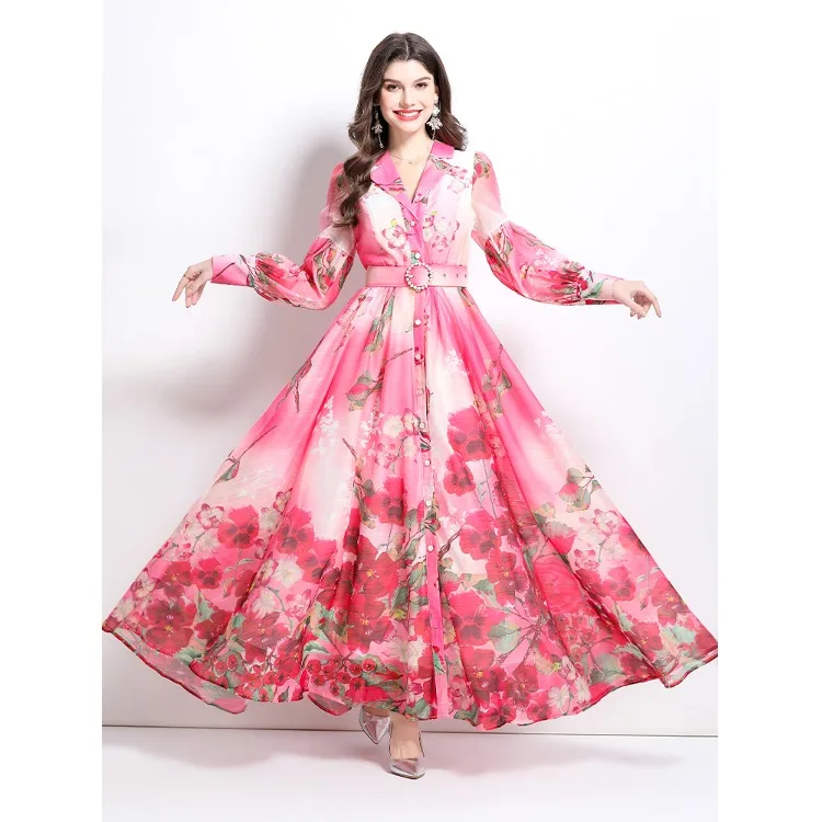 Frühling Sommer Neue Sle Aquarell Floral irt Dr Lange Rock Ele Dame Print Midi Dr Polyester Faser V Ne eine Linie