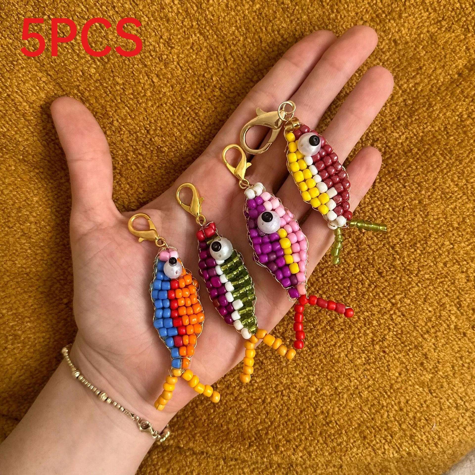 

5Pcs Dopamine Color Beaded Fish Charms DIY Keyring Bag Pendant Handbag Decor Accessories