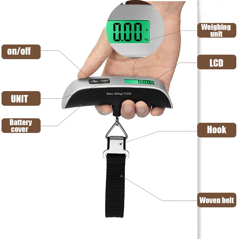 Electronic Spring Balance Household Portable Digital Scale, Hand Luggage Scale for Fishing, Weighing Grams, 50kg, 10g