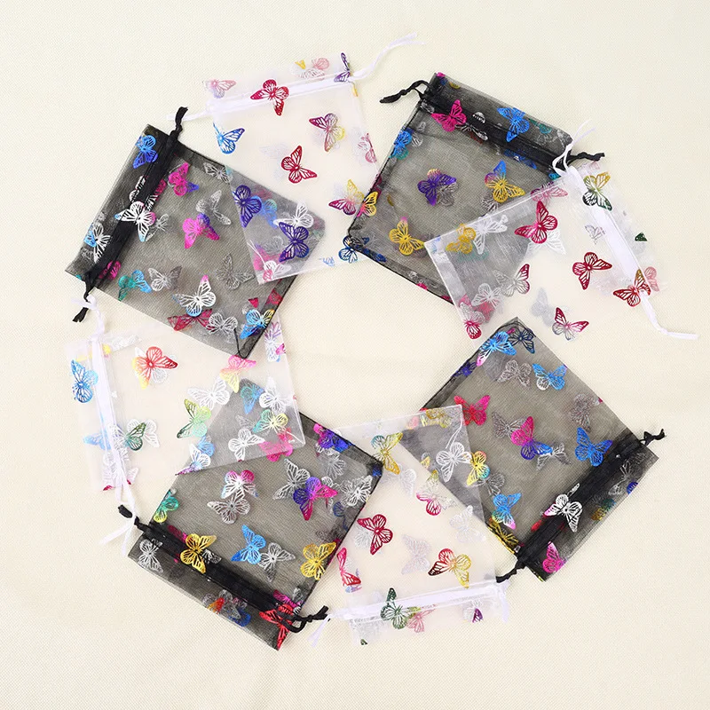 

500pcs/lot 7*9, 9*12, 10*15, 13*18cm Butterfly Hot Stamping Gift Jewelry Bags Candy Organza Drawstring Bag Packaging Supplies