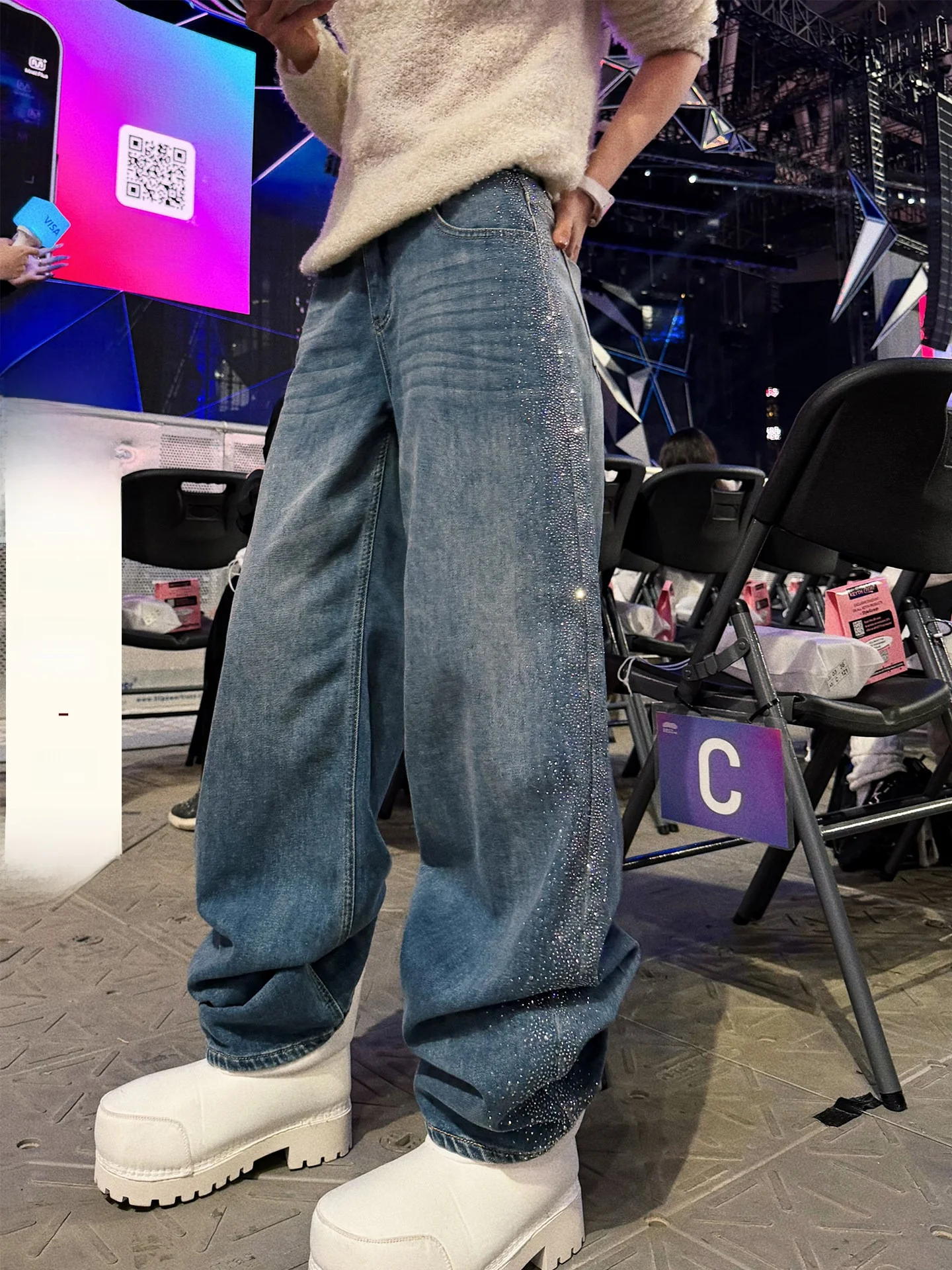 

Джинсы женские Liu Wan Jun, корейский стиль, из тяжелого титанового сплава, со стразами, осенне-зимние, свободные, прямые штанины