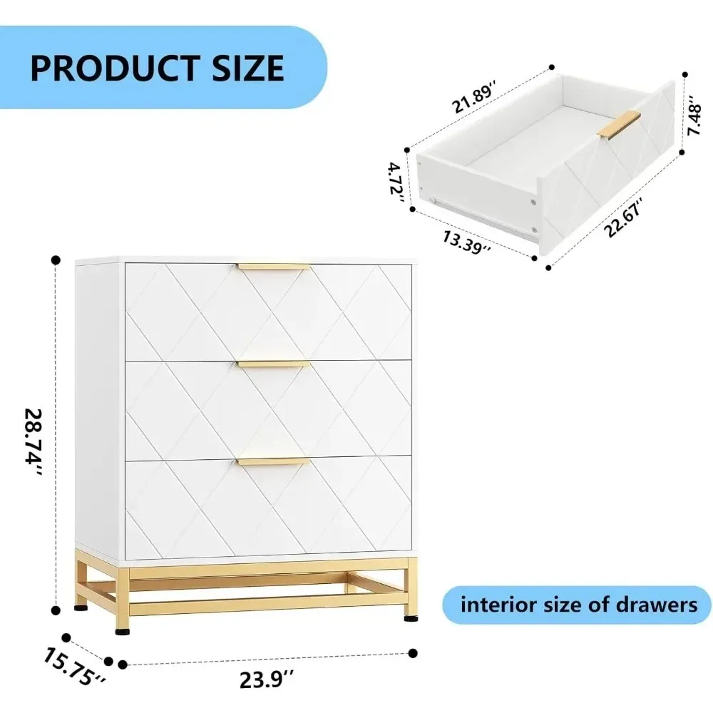 Dresser for Bedroom with 3 Drawer, Modern Dressers Chest of Drawers, with Wide Drawers and Metal Handles, Wood Dressers, White