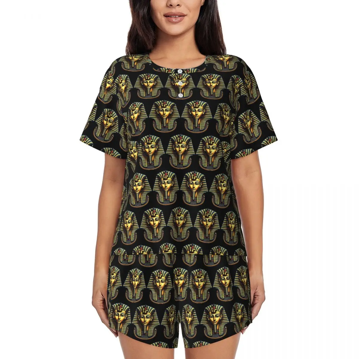 

Ночная рубашка с круглым вырезом и короткими рукавами с иллюстрацией египетского фараона с золотой короной, женский пижамный комплект с короткими штанами