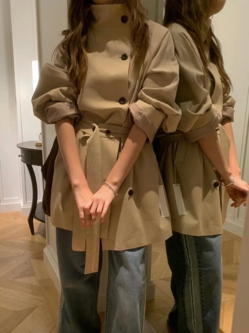 

Chic Early Spring Khaki Women's Vintage Single-Button Loose Coat Slimming Drapey Sle Korean Version Polyester Fiber Long Sl...