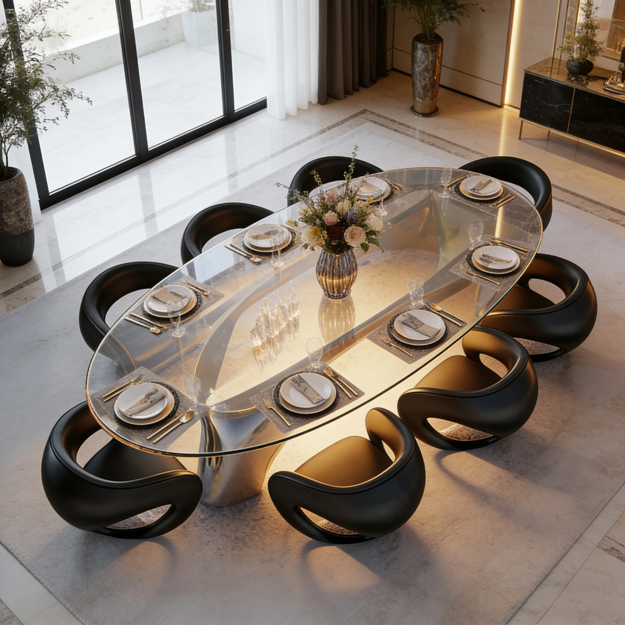 S*-Luxury Fiberglass Base Glass Dining Table Set Irregular Hotel Home Table