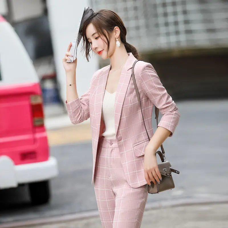 Plaid Splice Slim Fit Jacket Blazer Casual Wide Leg Pants Two Piece Elegant Women\'s Pants Suit Summer Office Business Set Outfit