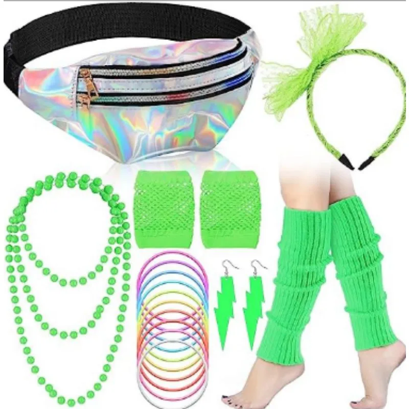 Accessoires de Costume Holographique des Années 80, 19 Pièces, Pack Banane, Jambières, Bandeau de Sauna en Dentelle, Boucles d'Oreilles, Gants, Collier, Bracelet