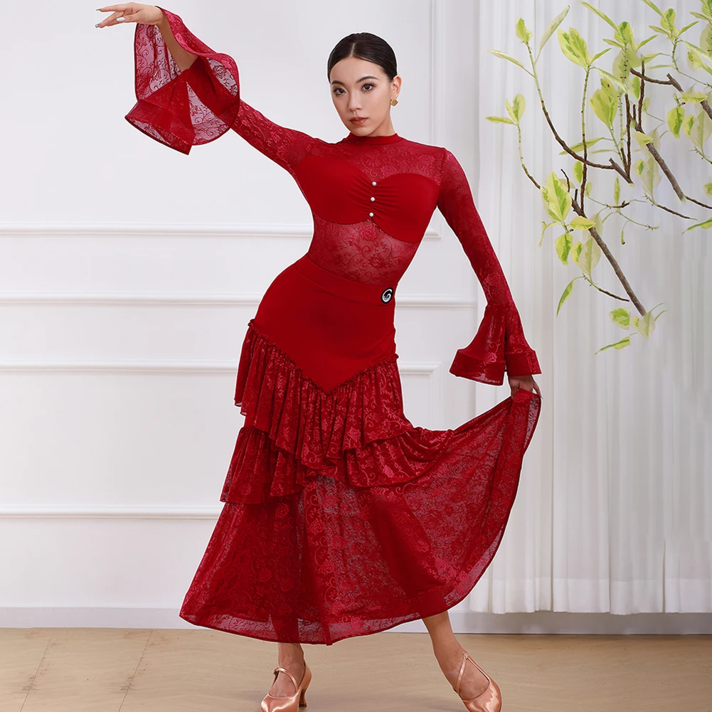 

Women's New Lace Ballroom Dance White Competition Horn Sleeve Elegant Waltz Ruffled Long Dress Ballroom Berry Red Dame Set