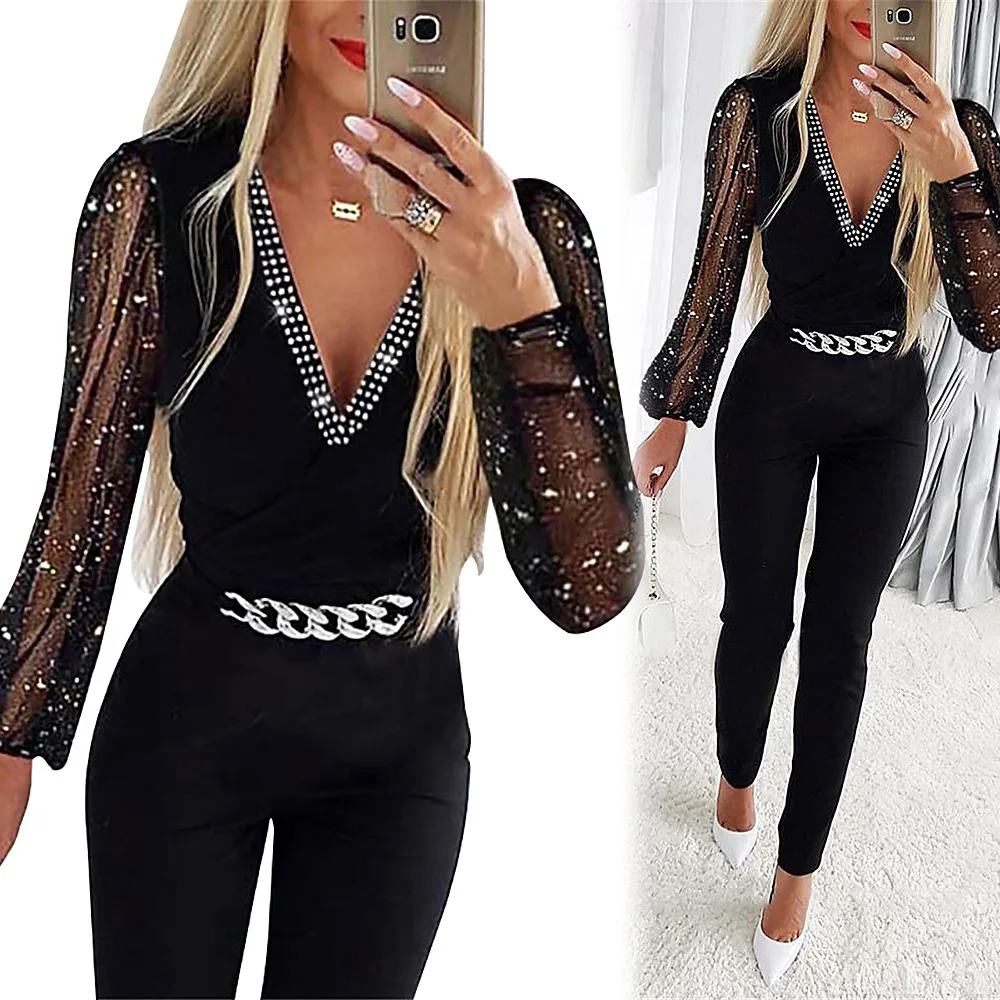 

Women's solid color v-neck long-sleeved hot diamond high-waisted professional casual jumpsuit temperament elegant simple high-en