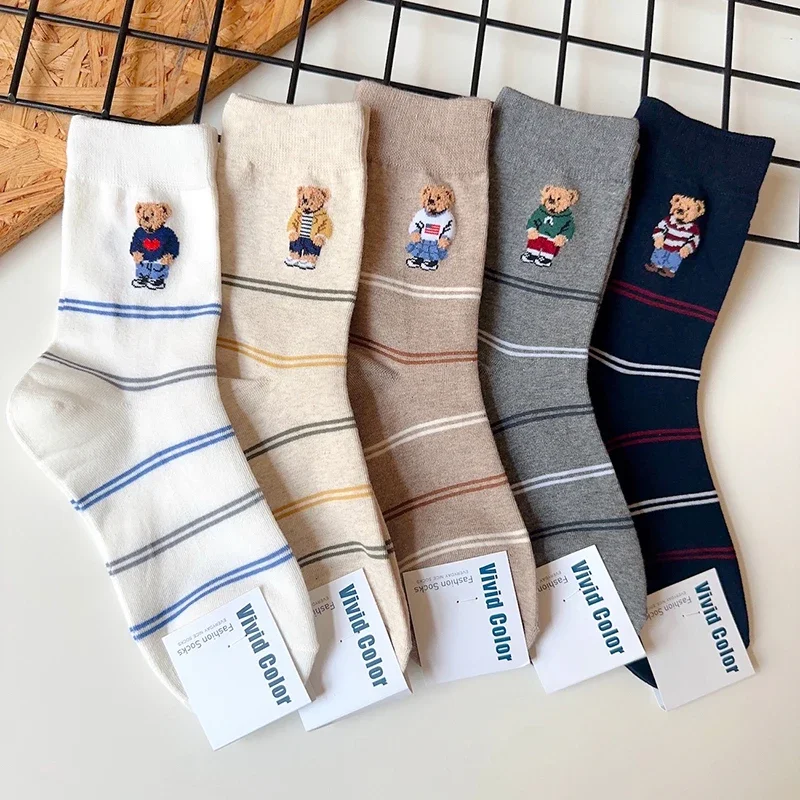 Meias de algodão estilo Harajuku feminino Sox respirável, Urso bonito dos desenhos animados, elegante, boa qualidade, presentes de Natal, novidade