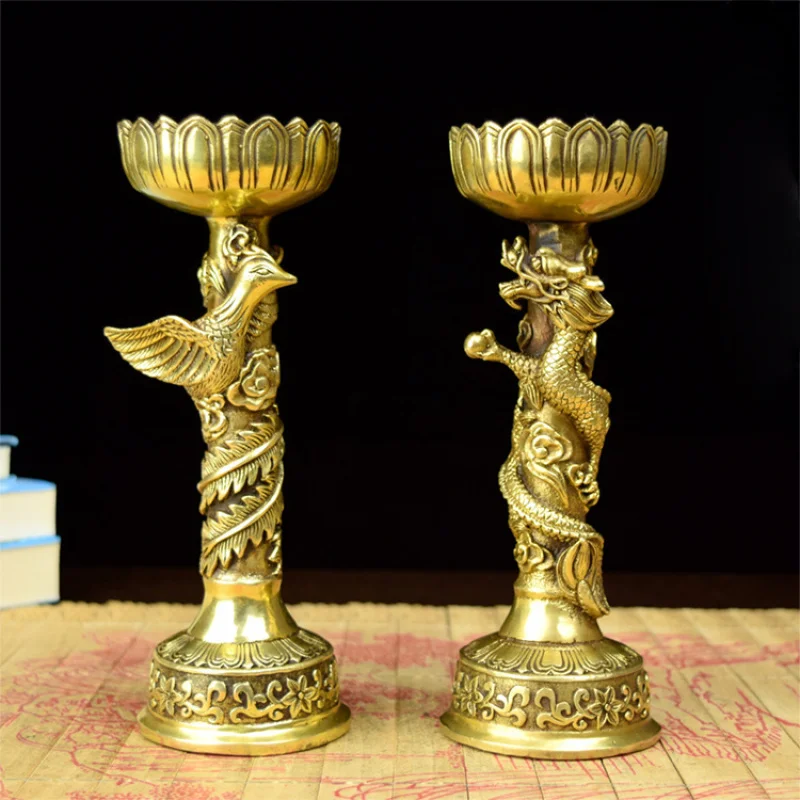 

Brass Candle Holder Antique Style Dragon and Phoenix Copper Candle Holder Props Gift Home Decor Craft Ornament