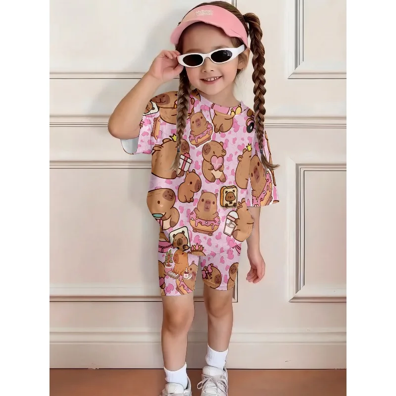 Cute Capybara Print Casual Two-Piece Set Summer Short Sleeve T-Shirt and Shorts, Suitable for Birthday Gifts and Leisure