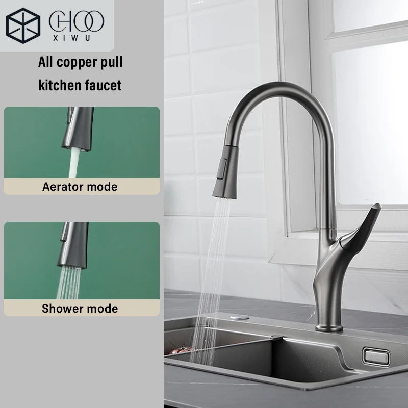 

All-copper household faucet, telescopic hot and cold kitchen sink pull-out faucet