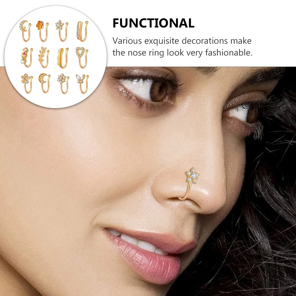 

12pcs Cz Stone Jewelry For Women Fake Nose Ring Decorative Party No Piercing Nose Accessory