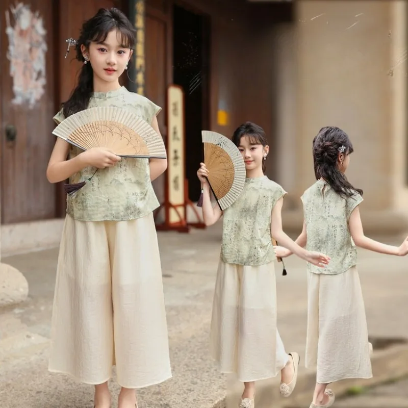 

Комплект летней одежды для девочек, детский топ без рукавов в китайском стиле в стиле ретро + широкие брюки, комплект из двух предметов