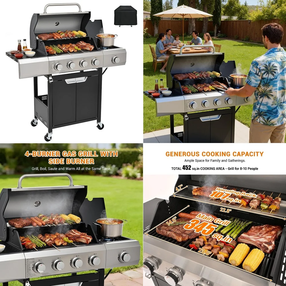 

4Burner Gas Grill with Side Burner amp Cover, 51000 BTU Stainless Steel Outdoor BBQ Grill, 452 sq.in Cooking Area, Ideal for Ba