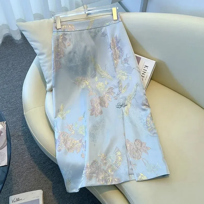 Neuer Jacquard-Rock im chinesischen Stil für Damen im Frühling und Herbst. Neuer mittellanger A-Linien-Rock in großer Größe. Hip-Pack-Rock